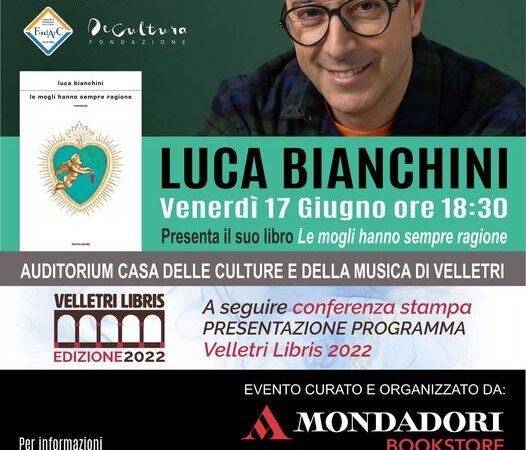 Velletri, doppio evento in Auditorium: incontro con Luca Bianchini e presentazione del programma di “Velletri Libris”