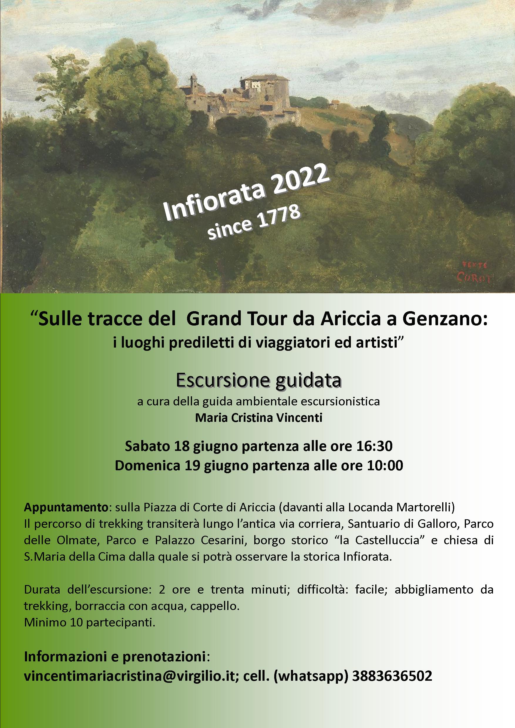 “Sulle tracce del Grand Tour da Ariccia a Genzano: i luoghi prediletti di viaggiatori ed artisti” – Escursione Guidata a cura di Maria Cristina Vincenti, guida ambientale escursionistica Aigae e archeologa, in occasione dell’Infiorata 2022