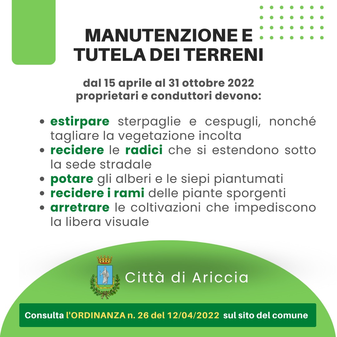 Ariccia, fino al 31 ottobre obbligo per i proprietari effettuare la manutenzione e tutela dei terreni