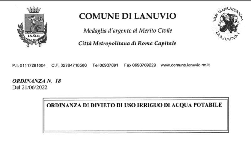 Lanuvio, Carenza idrica. Il sindaco Volpi: “Vietato l’utilizzo dell’acqua per scopi di non primaria necessità”