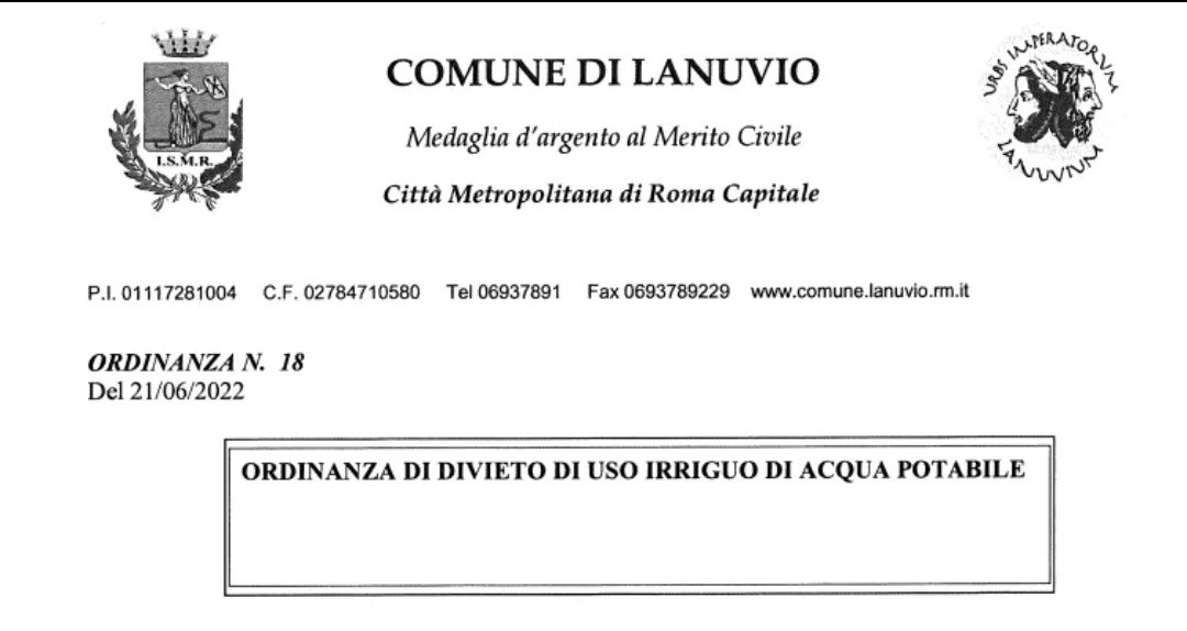 Lanuvio, Carenza idrica. Il sindaco Volpi: “Vietato l’utilizzo dell’acqua per scopi di non primaria necessità”