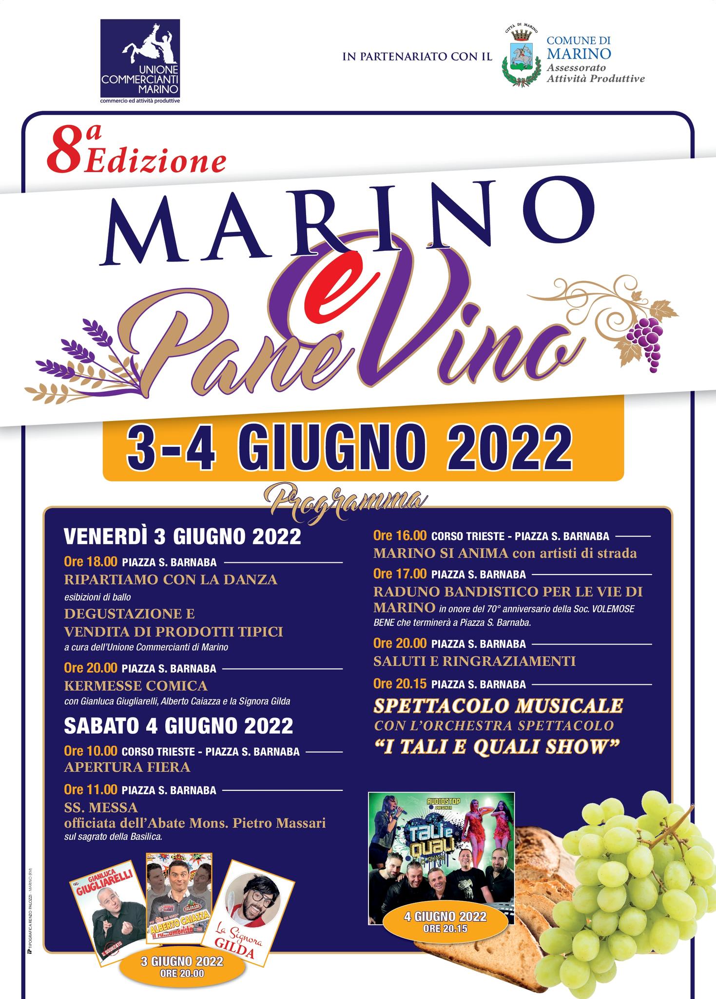 Marino, 3 e 4 giugno “Pane e Vino” VIII edizione della rassegna enogastronomica