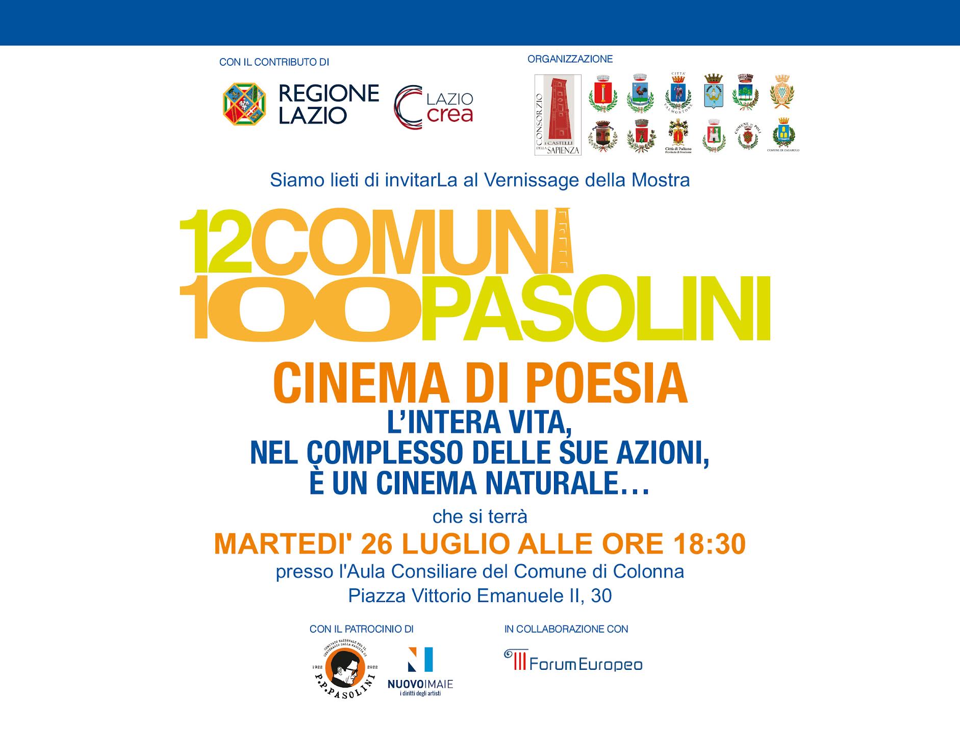 Colonna, “12 Comuni 100 Pasolini”, promuove “Cinema di Poesia”