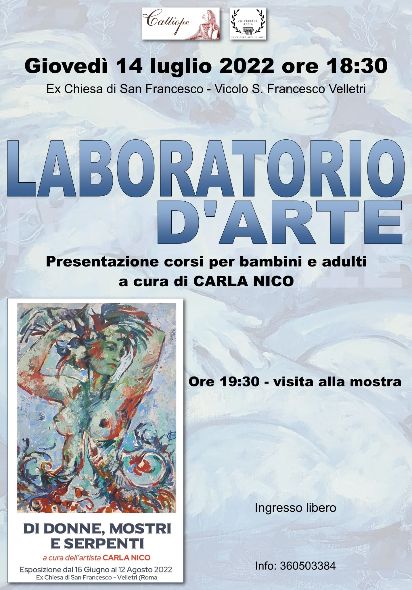 Velletri, presentazione corsi e mostra d’arte di Carla Nico alla chiesa di San Francesco