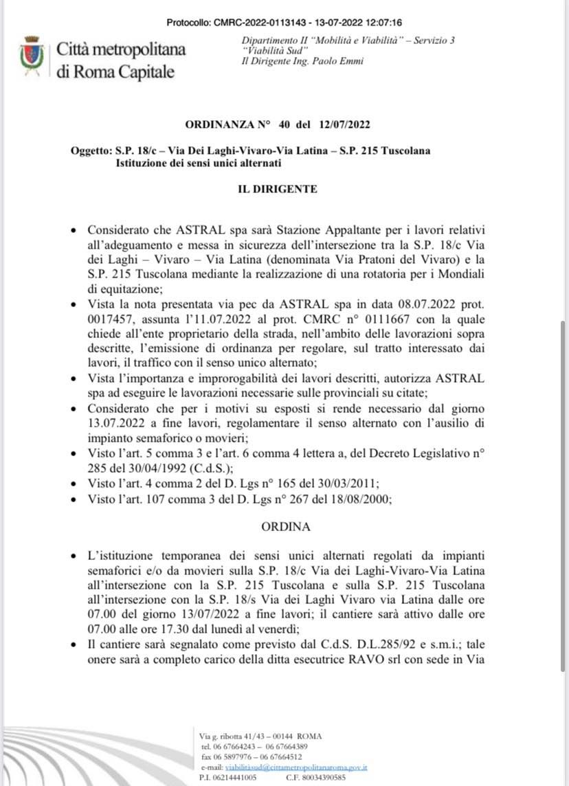 Rocca Priora, realizzazione rotatoria Strada Provinciale 18/c – Via Dei Laghi-Vivaro-Via Latina – S.P. 215 Tuscolana: Istituzione dei sensi unici alternati