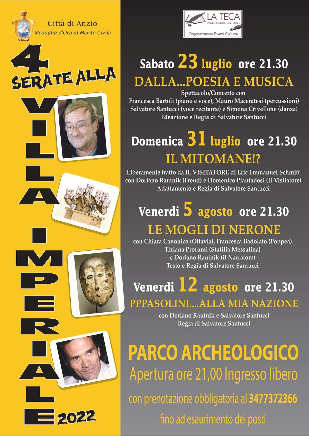 Anzio, dal 23 luglio, con l’evento dedicato a Lucio Dalla, al via il progetto culturale “4 Serate alla Villa Imperiale”, promosso dall’Amministrazione De Angelis e curato dall’Associazione La Teca￼