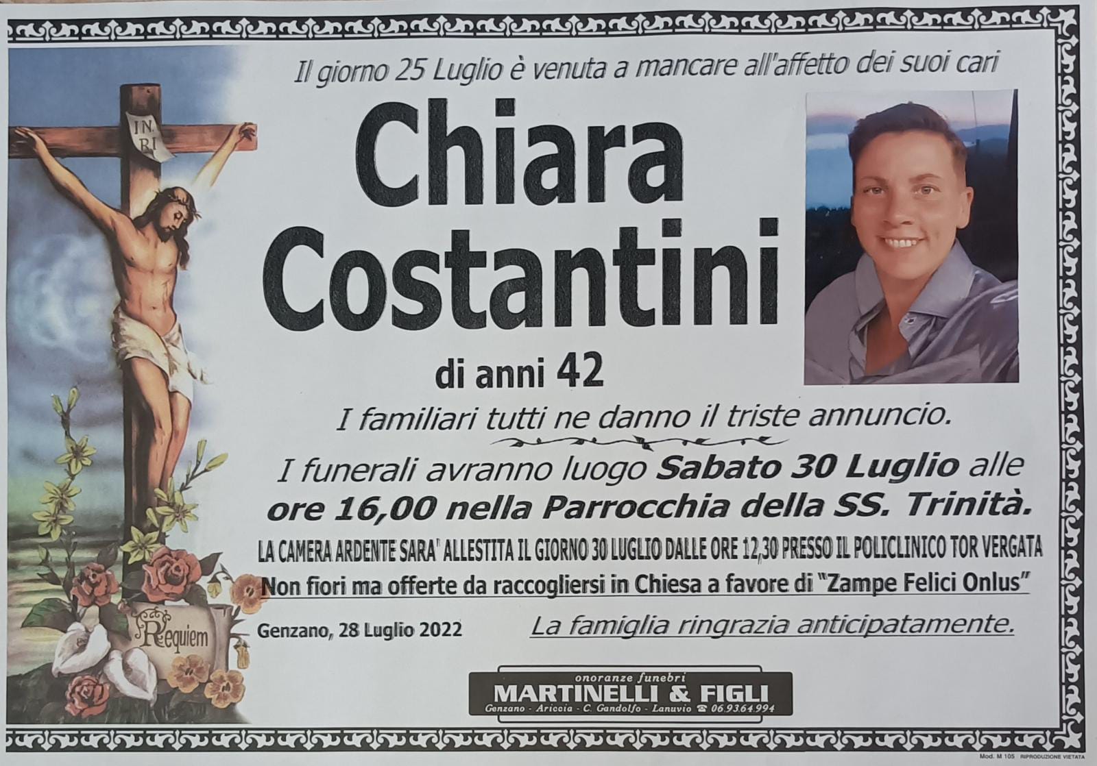 Genzano: Sabato pomeriggio le esequie di Chiara Costantini presso la parrocchia SS. Trinità