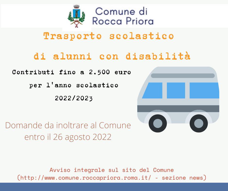 Rocca Priora, contributi per il trasporto scolastico di alunni con disabilità ￼