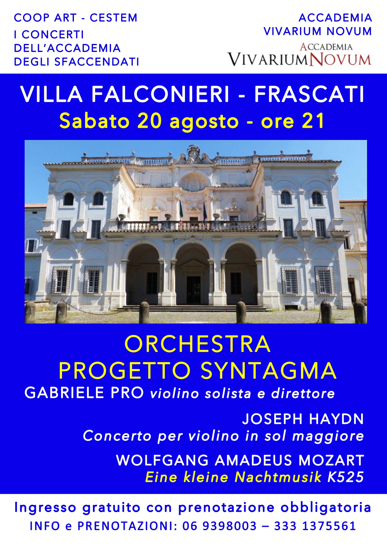 Frascati: Mozart in Villa Falconieri per l’Accademia Vivarium Novum con “I Concerti dell’Accademia degli Sfaccendati”