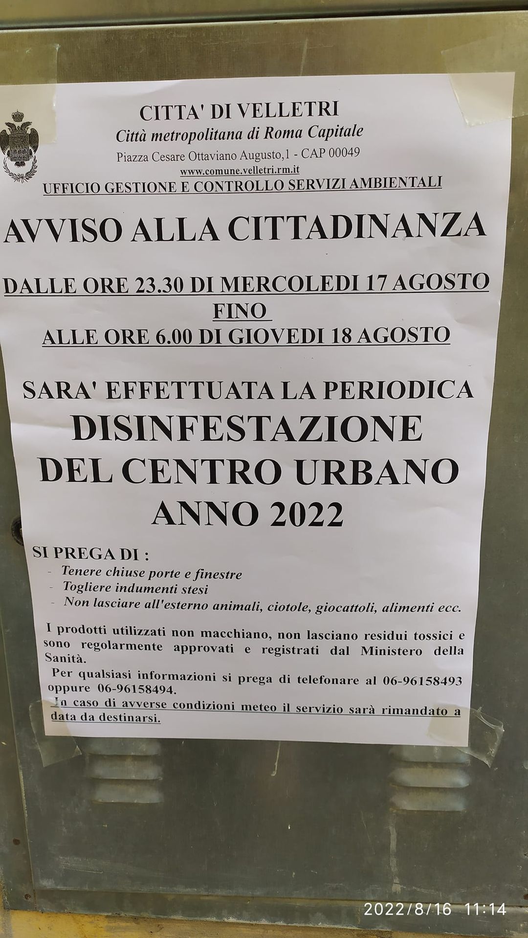 Velletri, disinfestazione periodica del centro urbano