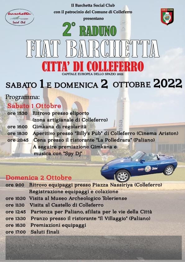 Colleferro, appuntamento per gli amanti dell’iconica Fiat Barchetta: un weekend dedicato alla spider di casa Fiat