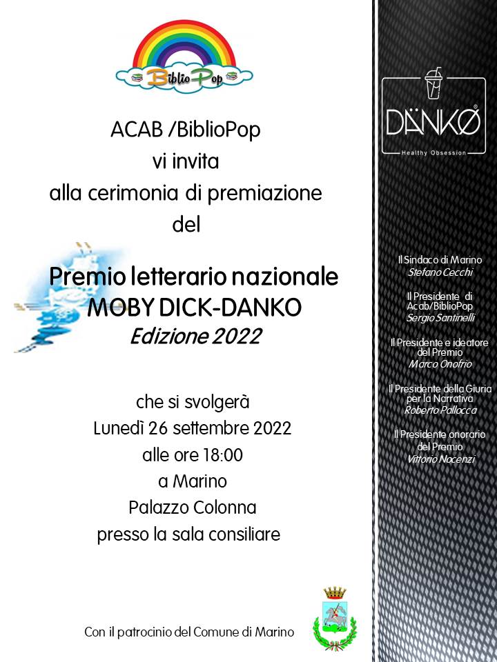 Marino, premio Moby Dick-Danko: a Palazzo Colonna domani, 26 settembre, alle 18.00, i vincitori