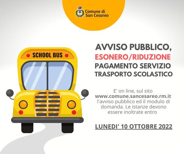 San Cesareo, avviso pubblico per la concessione di esonero/riduzione pagamento trasporto scolastico