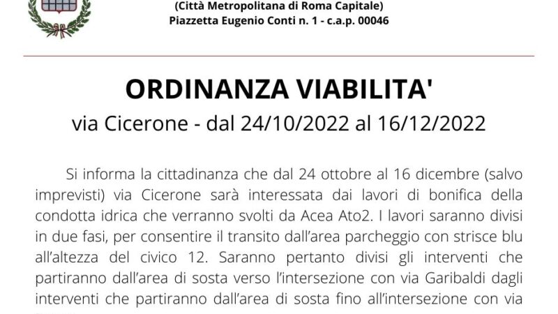 Grottaferrata, ordinanza viabilità Via Cicerone per interventi ACEA