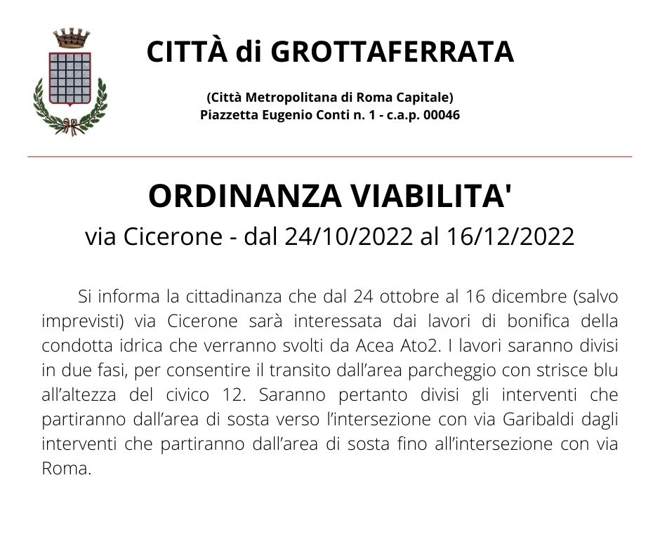 Grottaferrata, ordinanza viabilità Via Cicerone per interventi ACEA