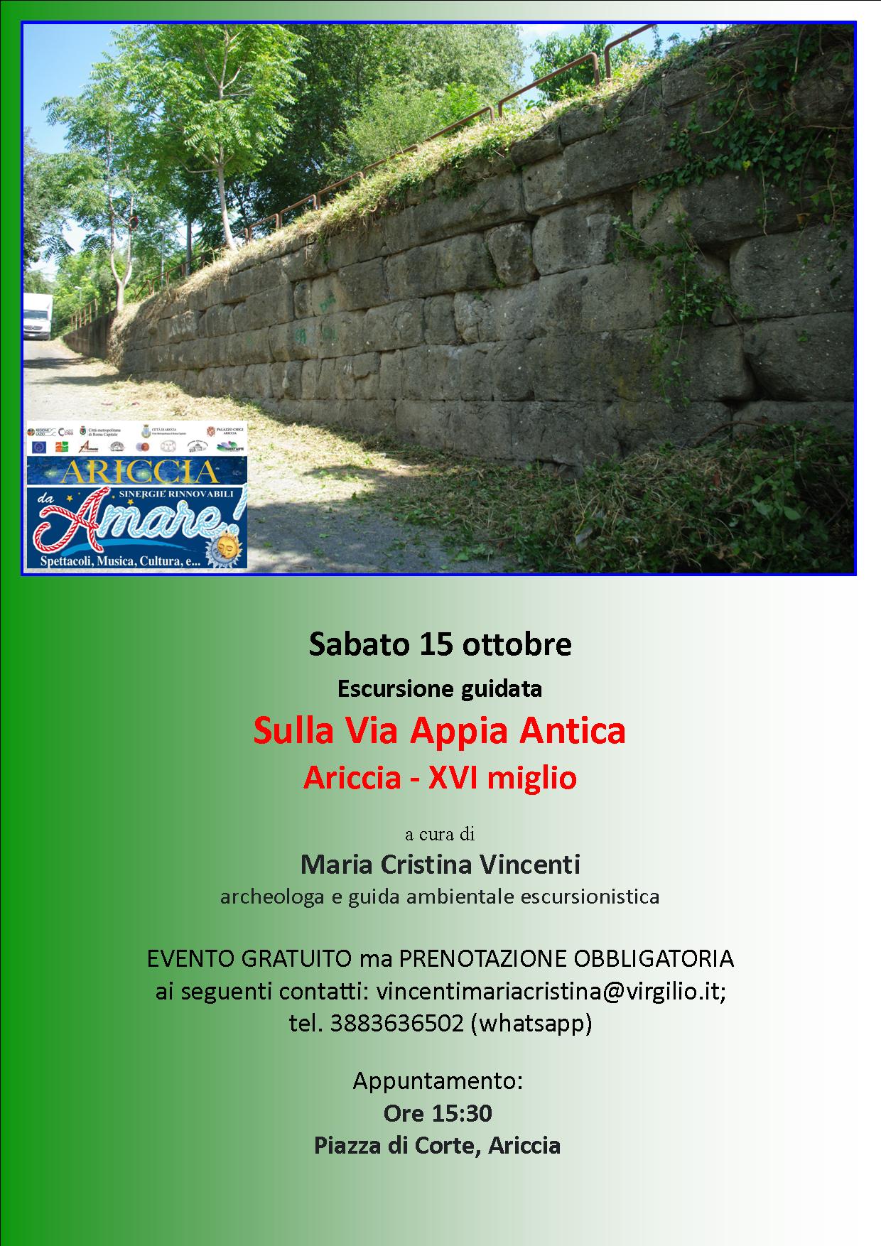 Ariccia, il 15 ottobre escursione al XVI miglio dell’Appia Antica con Maria Cristina Vincenti