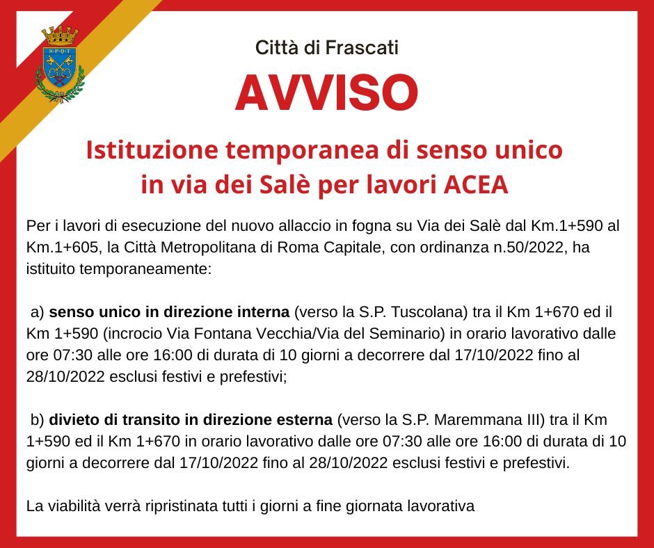 Frascati,  avviso modifica viabilità dal 17 al 28 ottobre