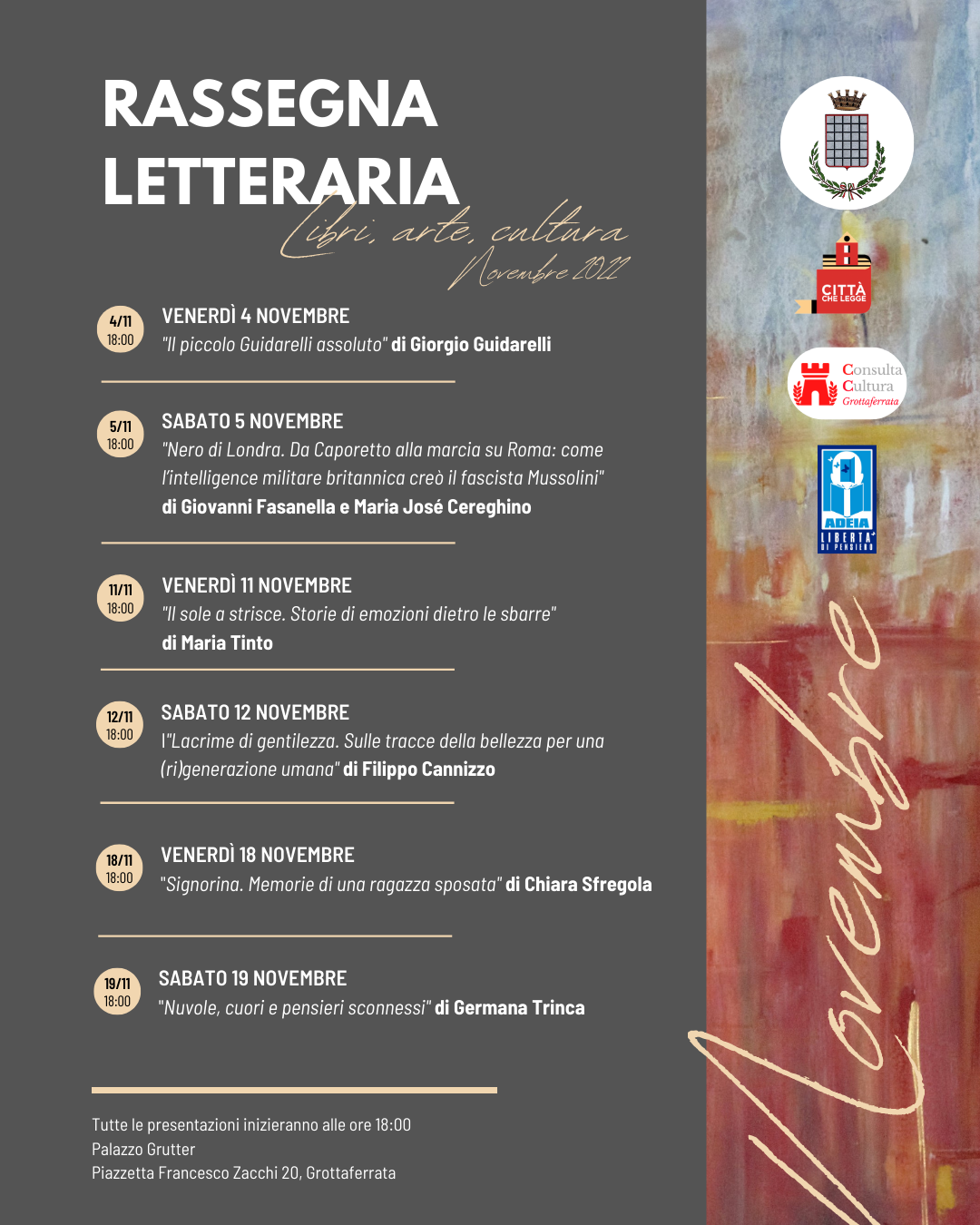 Grottaferrata – Rassegna letteraria: ogni settimana libri, arte e cultura a Palazzo Grutter