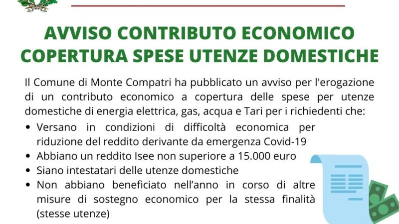 Monte Compatri, avviso pubblico per l’erogazione di contributo economico a copertura delle spese domestiche di acqua, tari, gas e energia elettrica