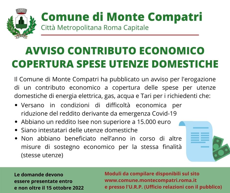 Monte Compatri, avviso pubblico per l’erogazione di contributo economico a copertura delle spese domestiche di acqua, tari, gas e energia elettrica