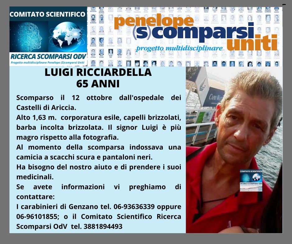 Genzano, da alcuni giorni si cerca Luigi Ricciardella, l’ex carrozziere 65enne, scappato 3 volte dall’Ospedale dei Castelli