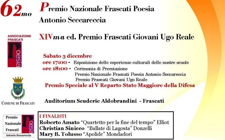 Frascati: 62ma edizione Premio Nazionale Frascati Poesia Antonio Seccareccia e Premio Speciale