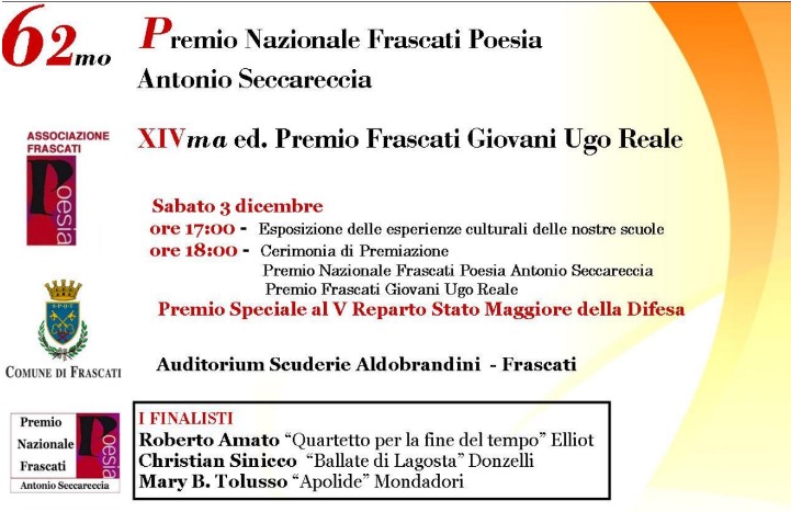 Frascati: 62ma edizione Premio Nazionale Frascati Poesia Antonio Seccareccia e Premio Speciale