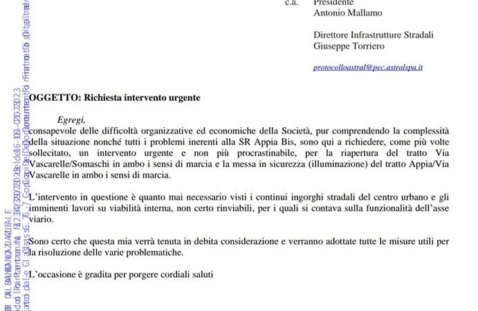 Albano, il sindaco Massimiliano Borelli ha inviato una nota ufficiale ad Astral per richiedere intervento urgente sulla SR Appia Bis