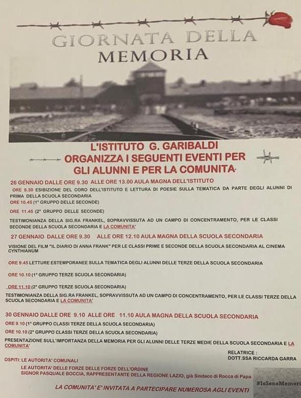 Genzano 3 giorni di iniziative alla scuola Garibaldi per il Giorno della Memoria