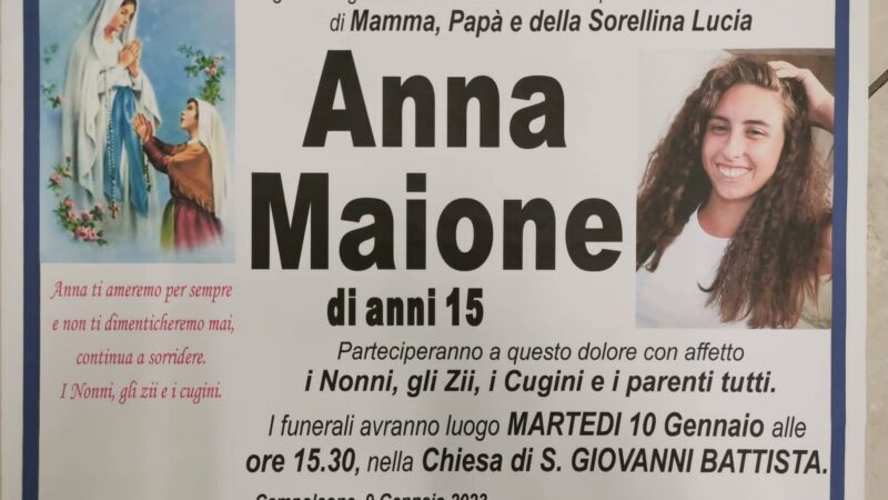 Lanuvio, lutto cittadino per la scomparsa della quindicenne Anna Maione