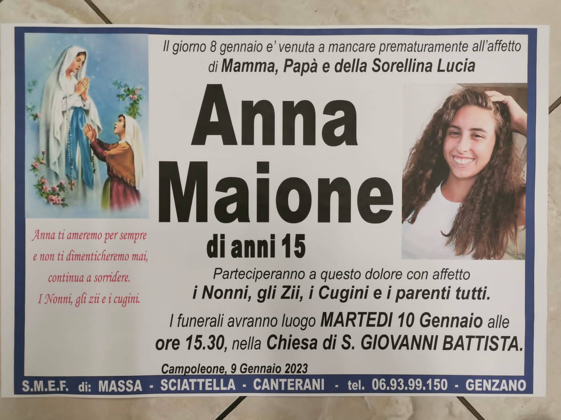 Lanuvio, lutto cittadino per la scomparsa della quindicenne Anna Maione