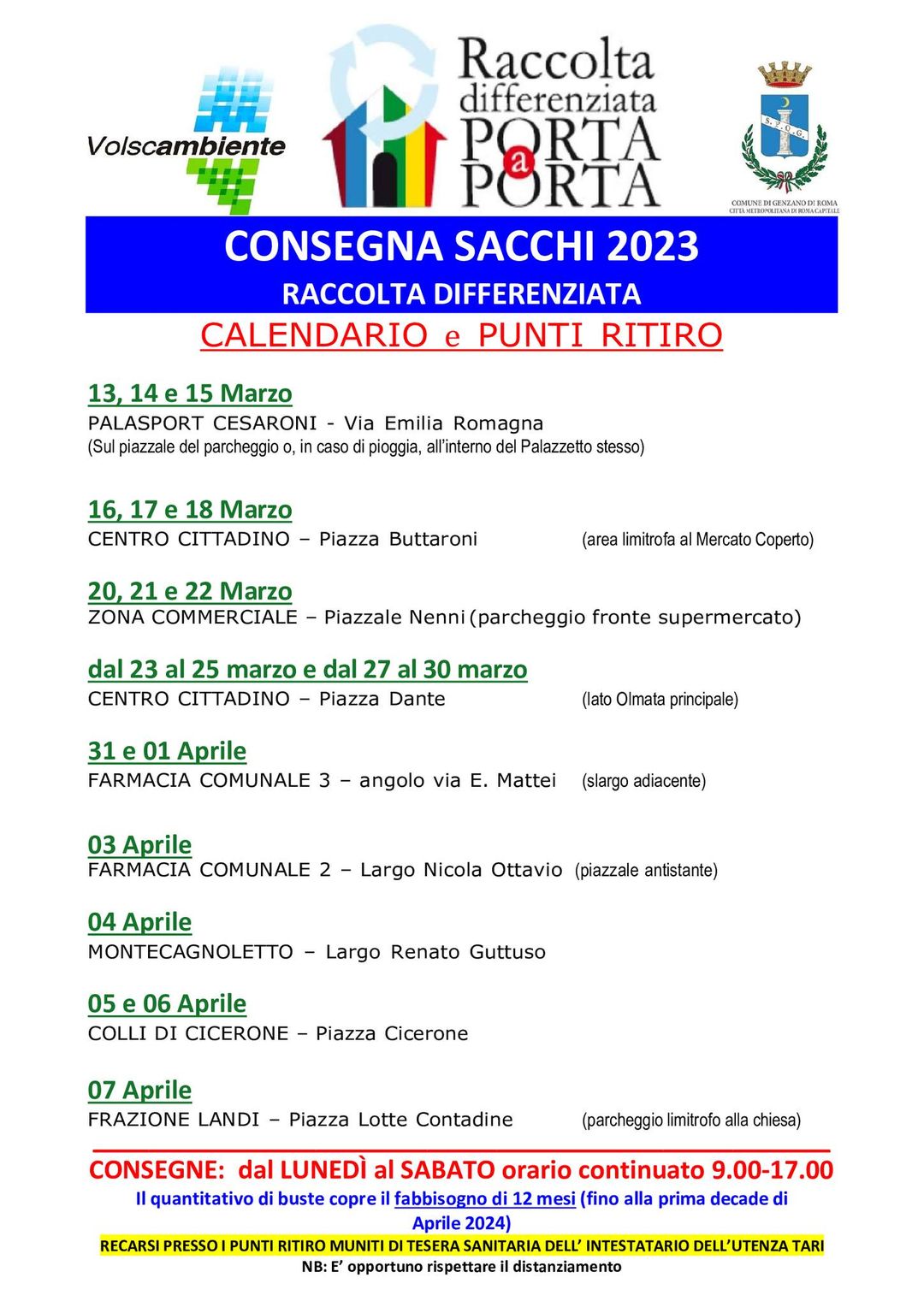 Genzano, consegna annuale sacchi per la raccolta differenziata