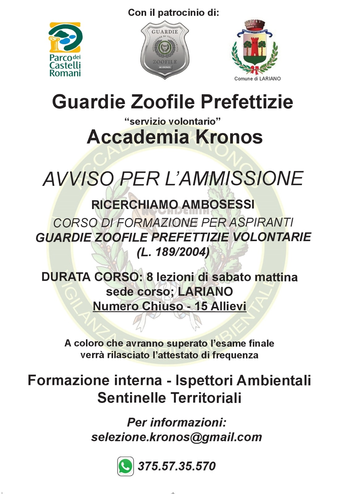 Lariano-Velletri, corso per 15 allievi guardie zoofile prefettizie da parte dell’Accademia Kronos