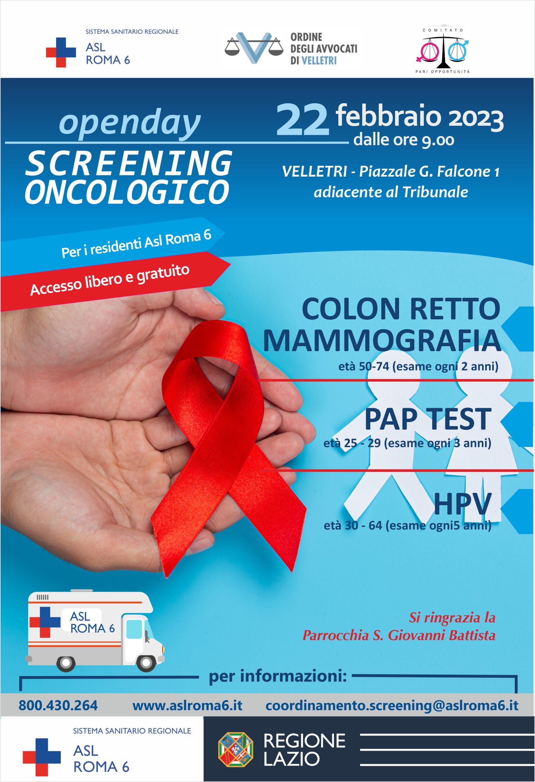 Velletri, “Open day Screening oncologico organizzato da Asl Roma 6, Ordine Avvocati e Comitato Pari Opportunità”