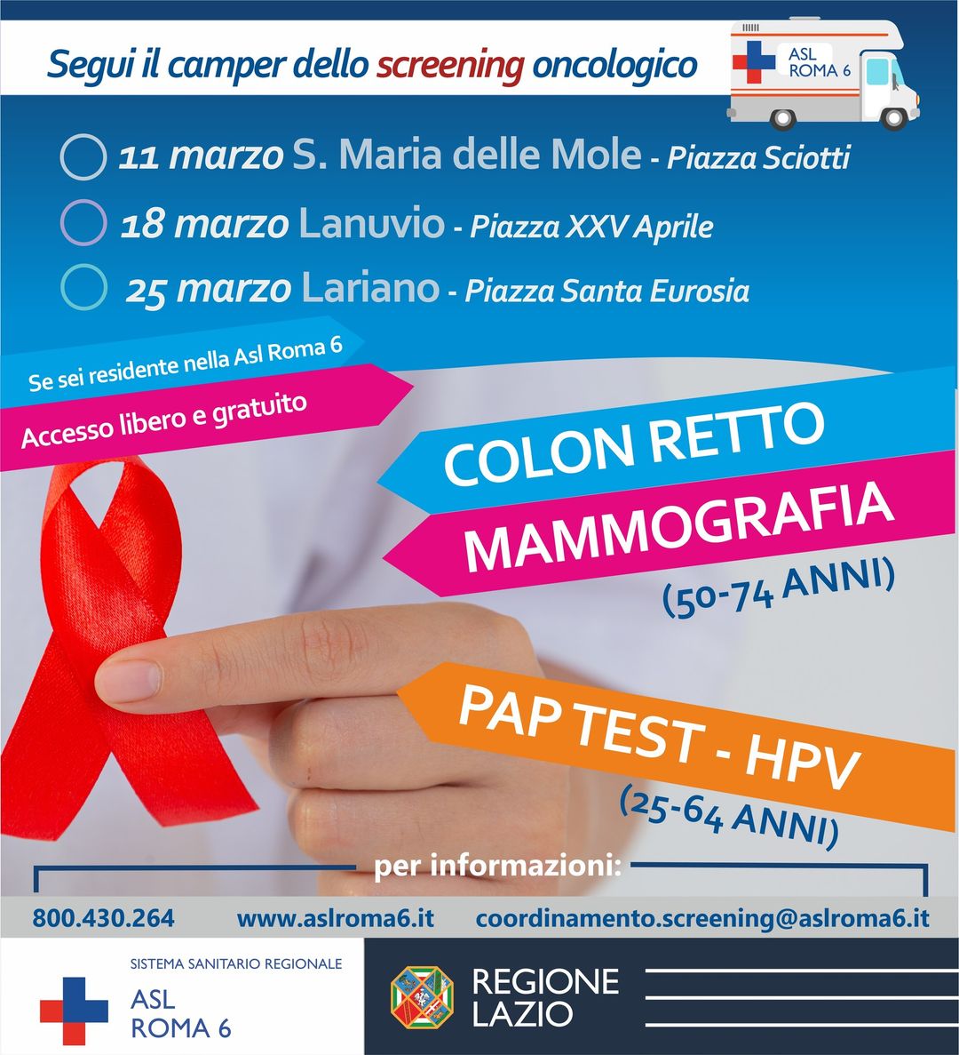 Asl Roma 6, il camper degli screening oncologici sarà a Santa Maria delle Mole