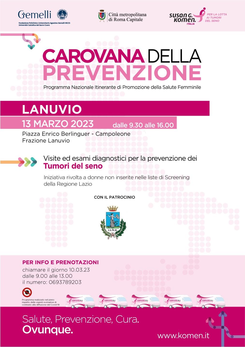 Il Comune di Lanuvio ha aderito al progetto della Città metropolitana di Roma Capitale, che ha rinnovato la convenzione con la Carovana della Prevenzione.