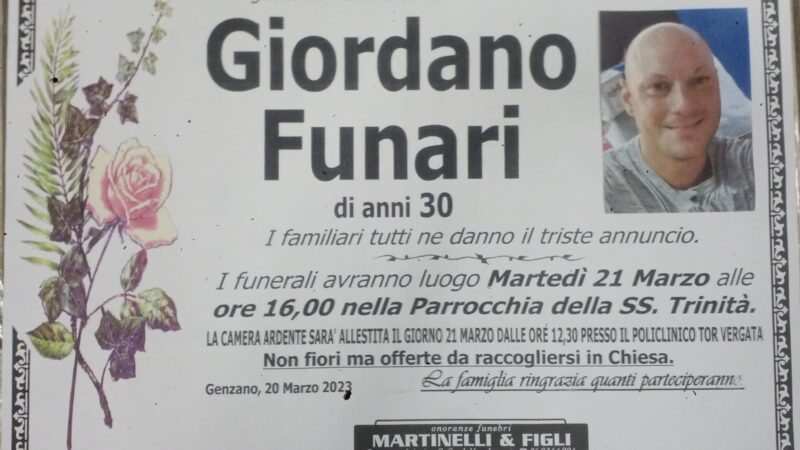 Genzano: Domani alle 16 il funerale di Giordano Funari, nella chiesa di corso don Minzoni. Attesi centinaia di amici e concittadini