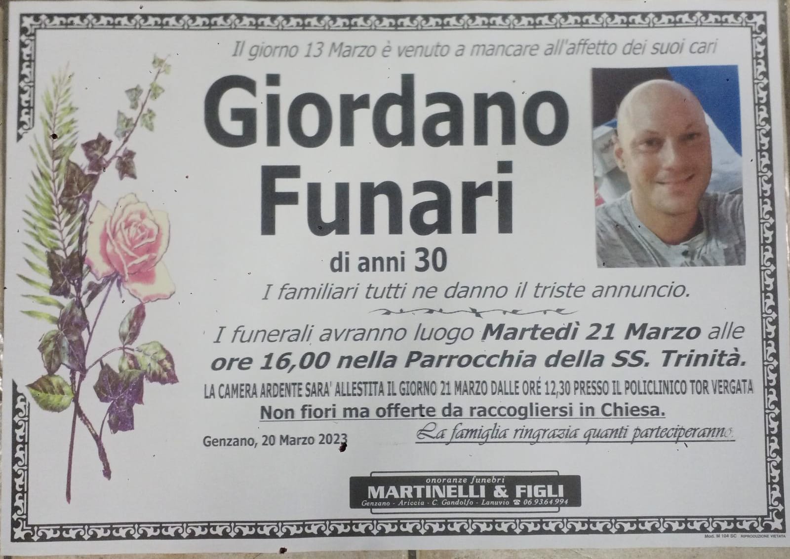 Genzano: Domani alle 16 il funerale di Giordano Funari, nella chiesa di corso don Minzoni. Attesi centinaia di amici e concittadini