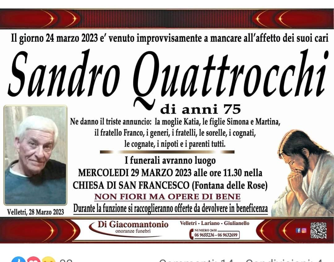 Velletri, questa mattina nella chiesa di San Francesco si è tenuto il funerale di Sandro Quattrocchi, l’uomo finito sotto un tir su Viale Roma