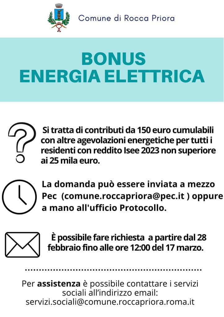 Rocca Priora: Bonus energia elettrica per le famiglie. Presentazione domande dal 28 febbraio al 17 marzo