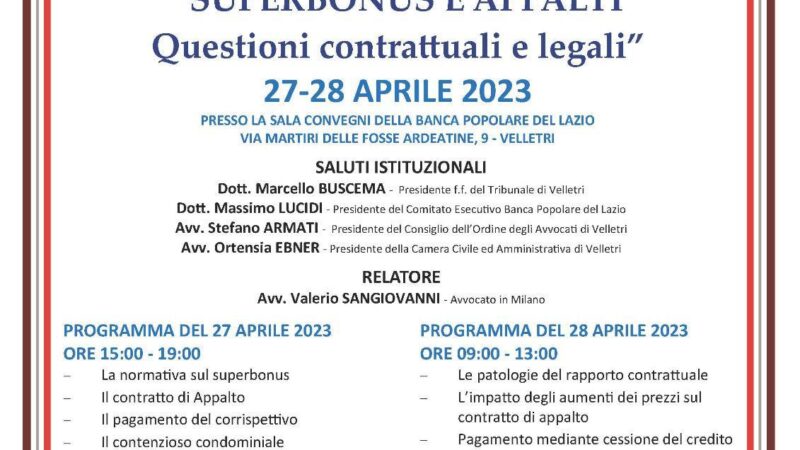 Velletri: “Superbonus e appalti”, evento formativo organizzato dalla Camera Civile e Amministrativa