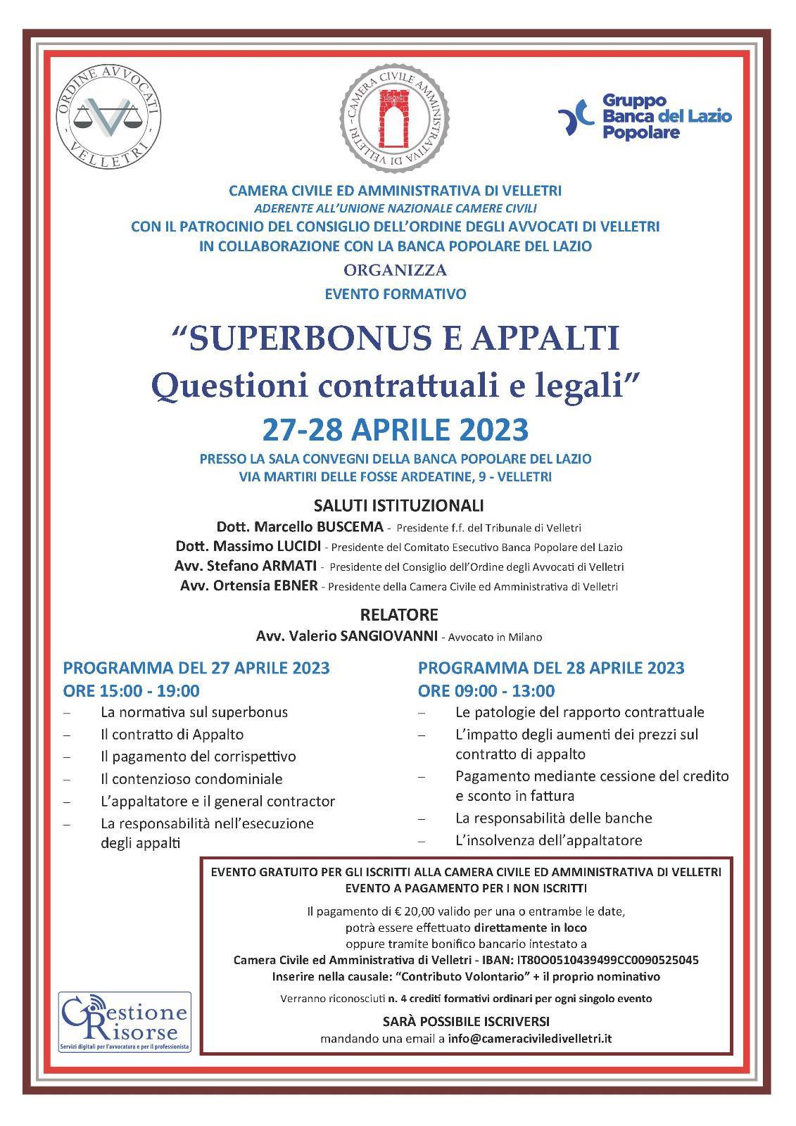 Velletri: “Superbonus e appalti”, evento formativo organizzato dalla Camera Civile e Amministrativa