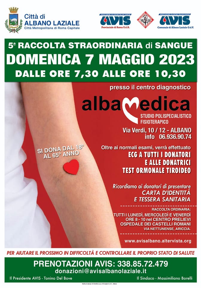 Albano: Raccolta straordinaria di sangue il 7 maggio