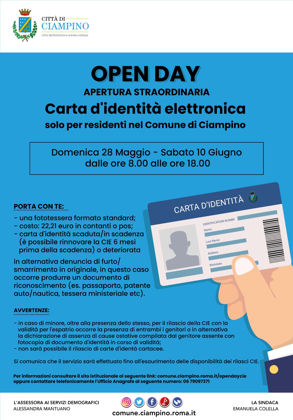 Ciampino: open day Carta d’Identità Elettronica: domenica 28 maggio e sabato 10 giugno