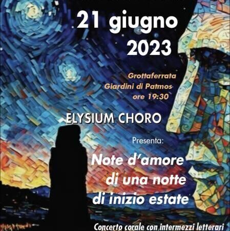 Grottaferrata, Elysium Choro in concerto ai Giardini di Patmos, mercoledì 21 giugno ore 19,30