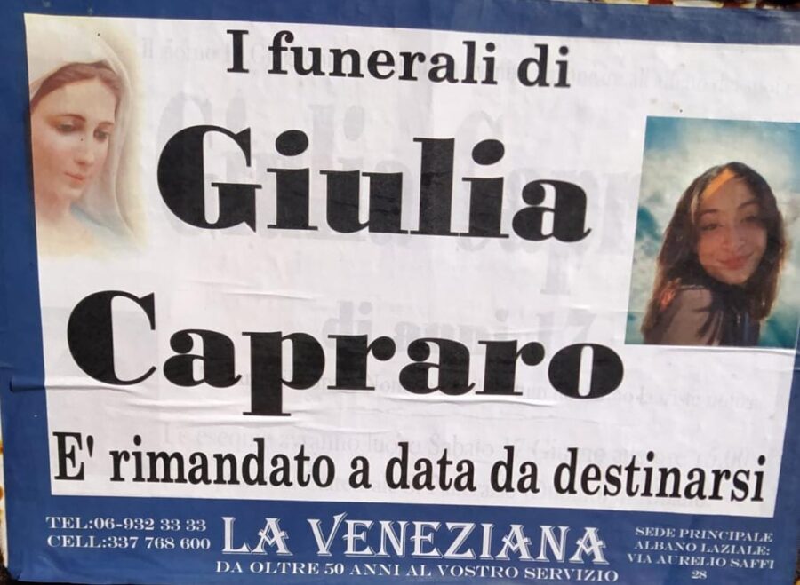 Albano, funerale di Giulia Capraro annullato