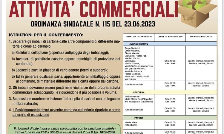 Albano, al via il nuovo calendario per la raccolta degli imballaggi di cartone per le attività commerciali