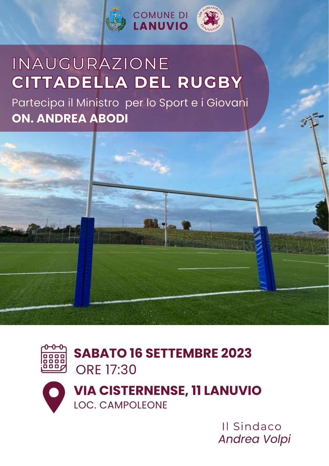 Lanuvio, sabato 16 settembre: inaugurazione della “Cittadella del Rugby”