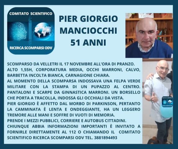 Velletri, si cerca Pier Giorgio Manciocchi: scomparso da ieri mattina