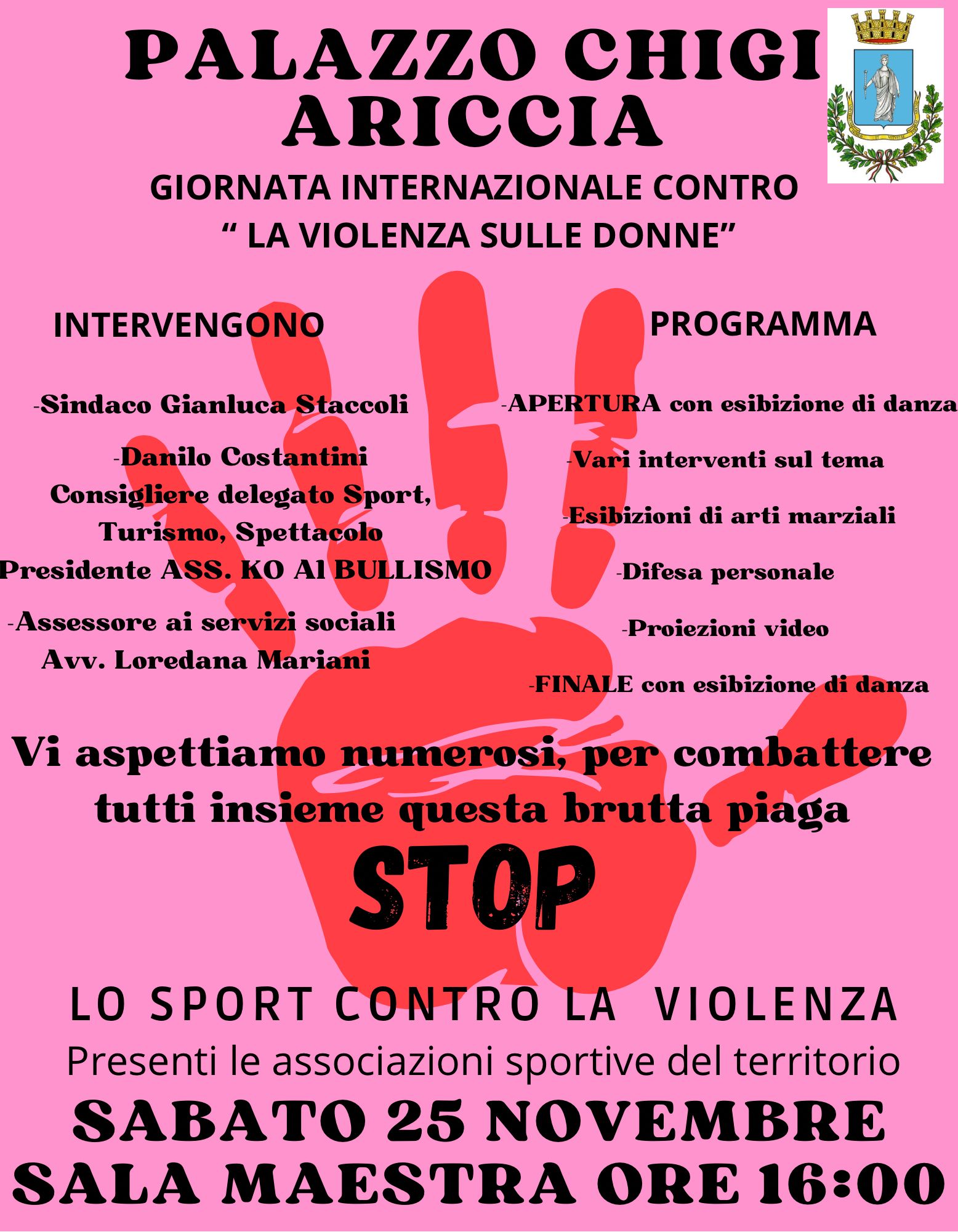 Ariccia, il 25 novembre a Palazzo Chigi “Lo sport contro la violenza”